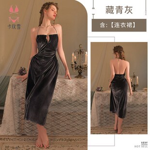 性感睡衣女純欲風(fēng)鏤空露腰吊帶睡裙簡(jiǎn)約絲絨L女式 長(zhǎng)裙家居服女186