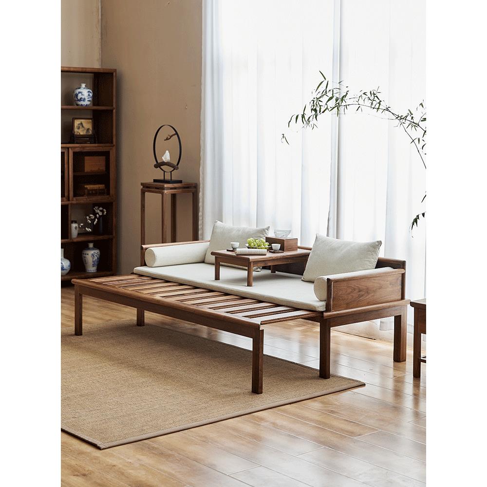 有枝胡桃木新中式推拉罗汉床沙发榆木罗汉床茶桌椅组合实木小户型