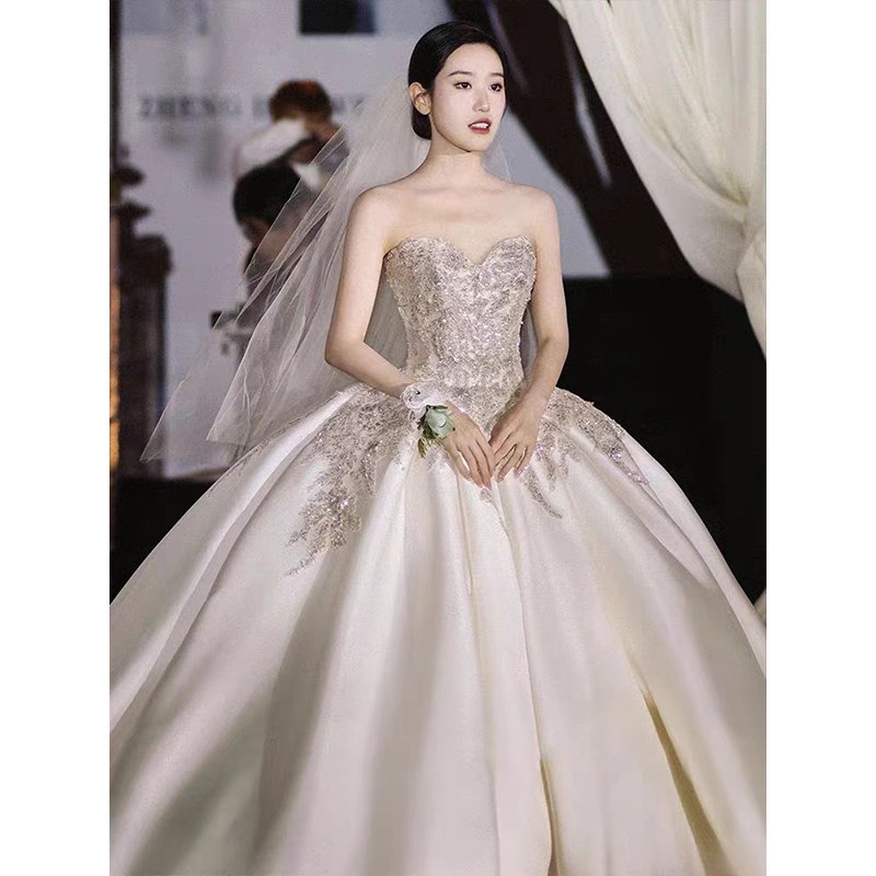 高货高端抹胸缎面主婚纱新娘2024新款出门法式齐地简约大拖尾春夏