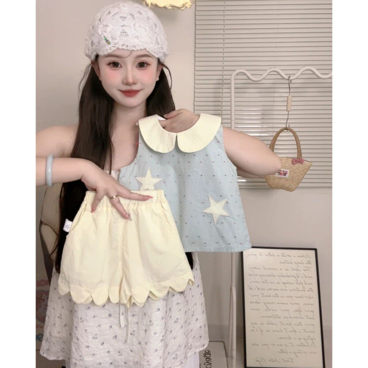2026夏季女童格子娃娃领两件套