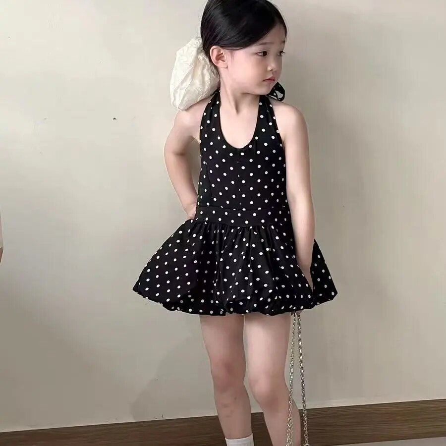 女童夏季甜美波点挂脖露背花苞裙