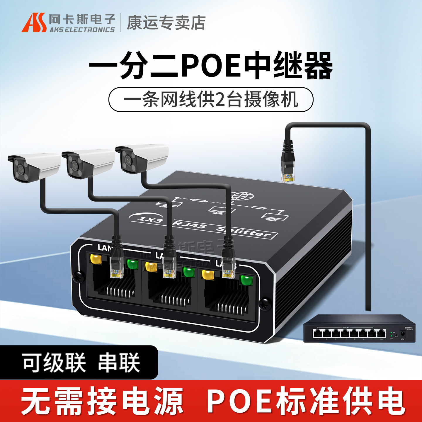 阿卡斯 标准POE中继器一分二一分三一分四百兆千兆交换机网络延长器串联供电兼容海康大华监控摄像头级联宝