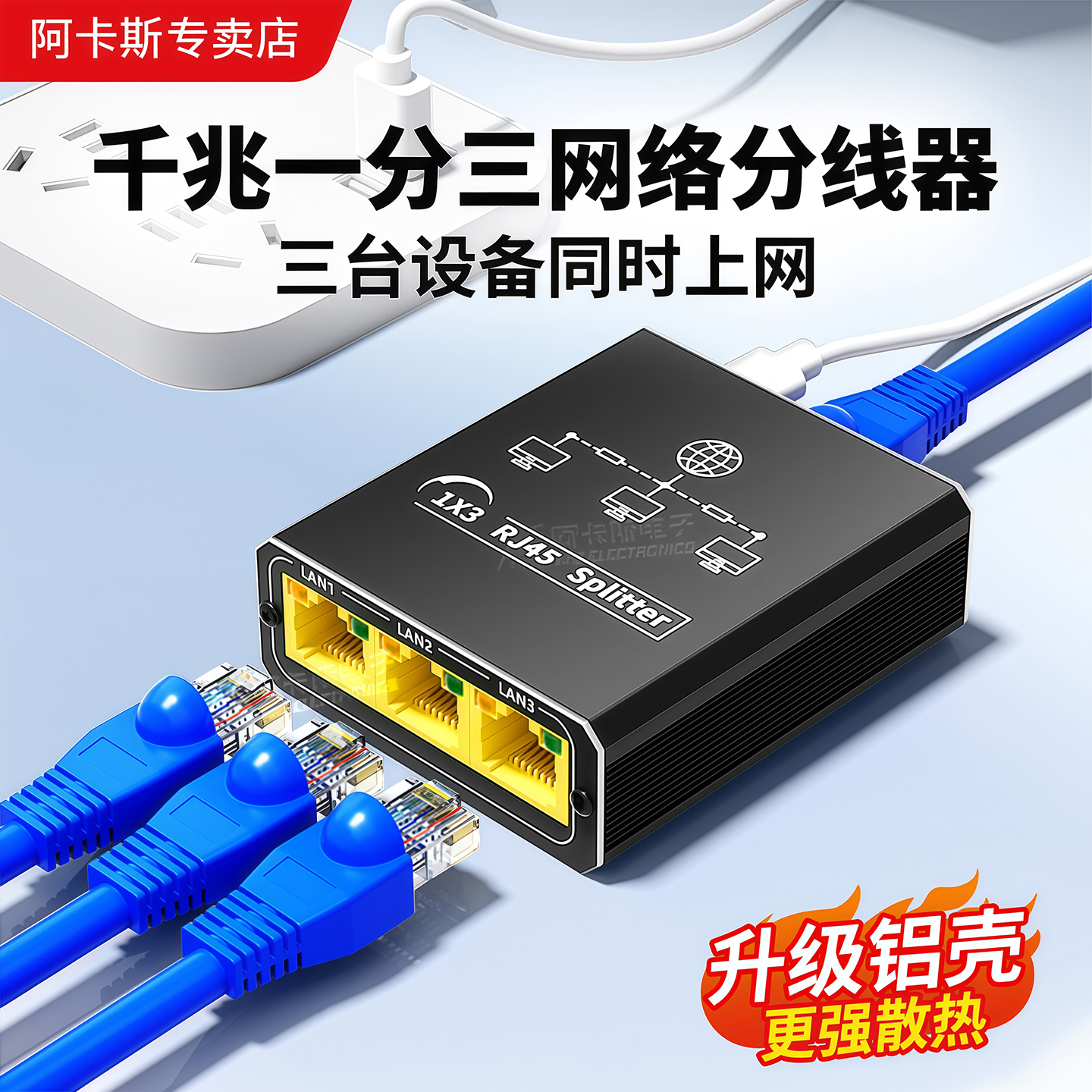 阿卡斯千兆网络分线器一分二电脑打印机笔记本多接口一进三四出路由器家用网线转换器宽带分路器小型交换机