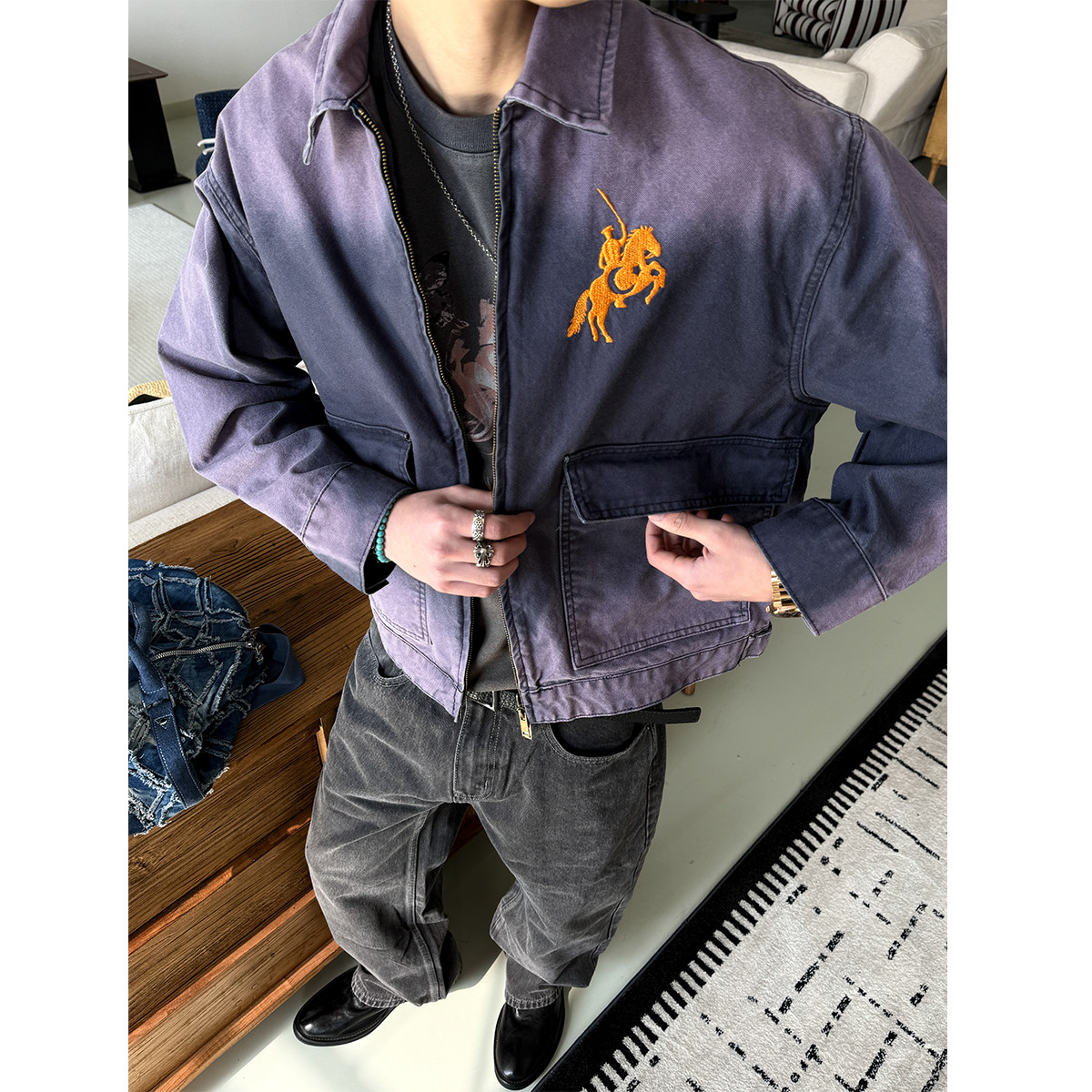 战马刺绣水洗渐变工装外套夹克