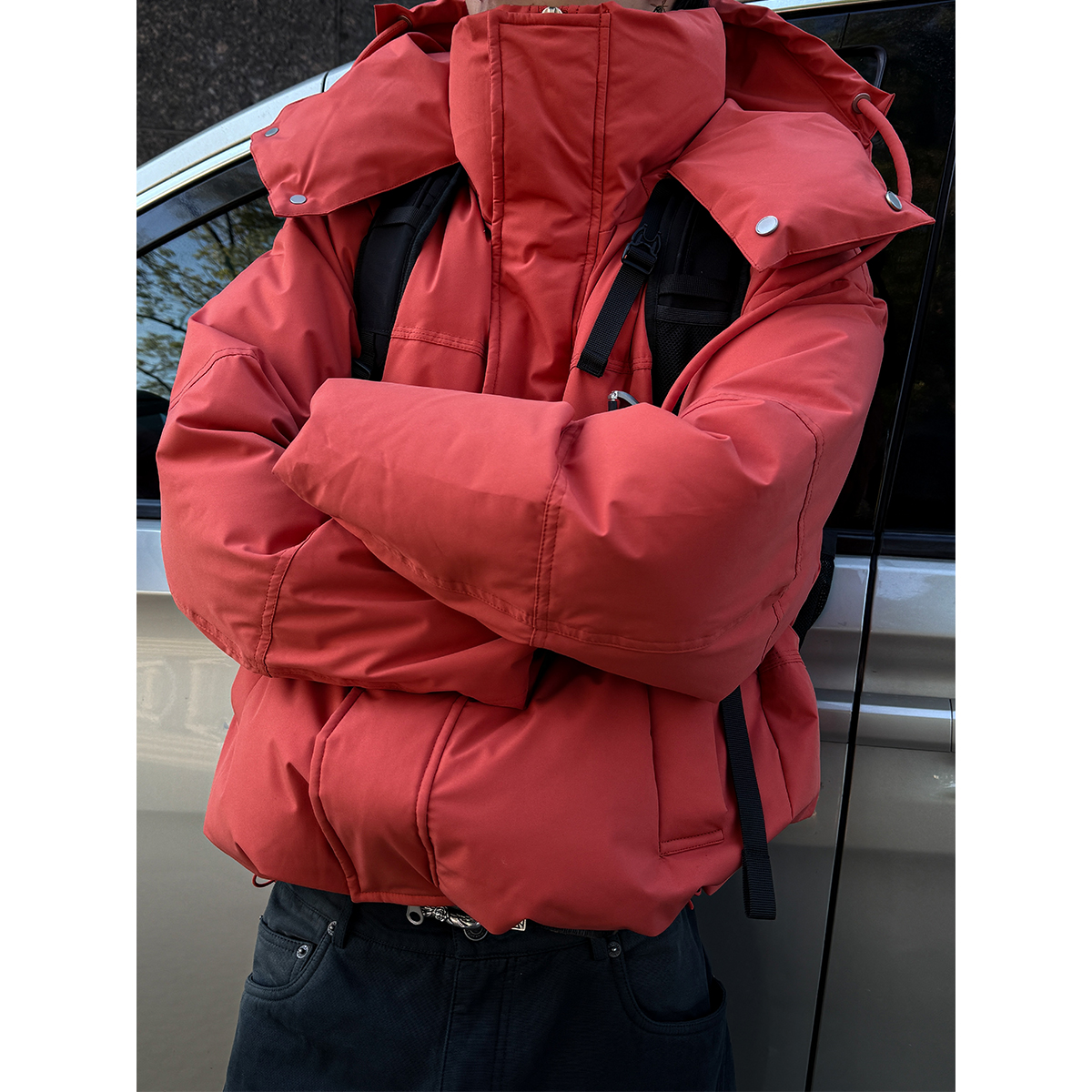 可拆卸户外防风领高充绒羽绒服