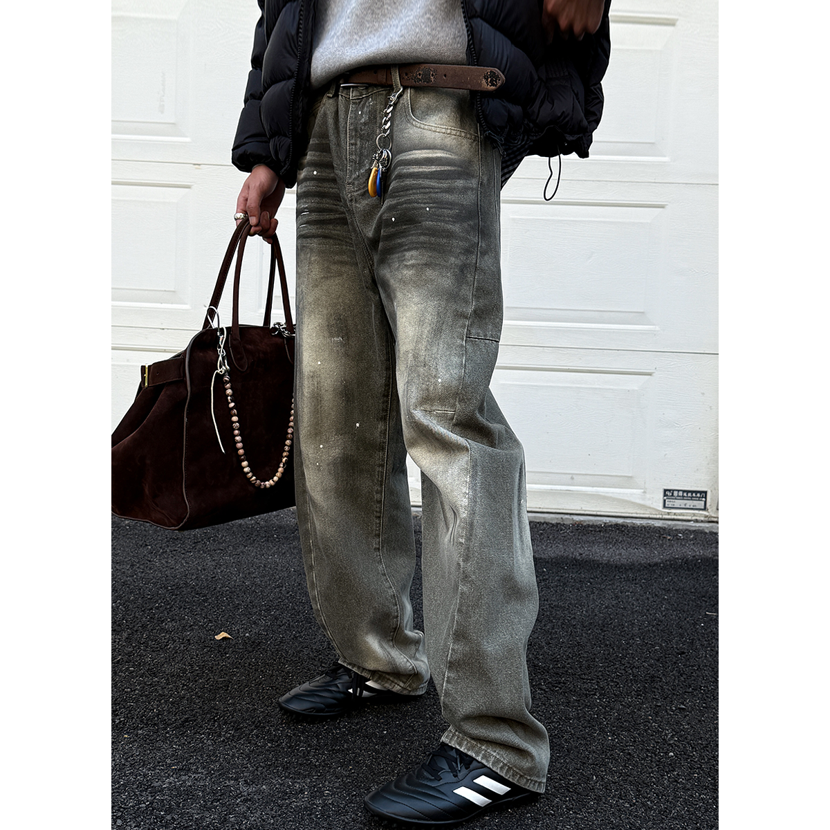 重工水洗做旧泼墨脏染渐变牛仔裤