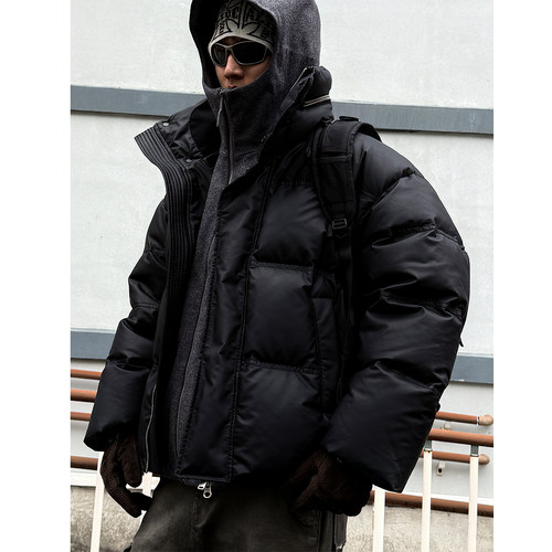 美式复古PU皮高充绒立领羽绒服男