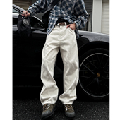 MANCHER 男宽松廓形直筒哈伦长裤 美式 复古水洗解构弯刀米白牛仔裤