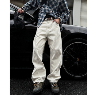 MANCHER 美式复古水洗解构弯刀米白牛仔裤男宽松廓形直筒哈伦长裤