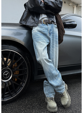 MANCHER 美式复古水洗蓝色牛仔裤男做旧纹理baggy宽松直筒长裤潮