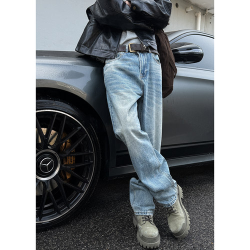 美式复古水洗蓝色牛仔裤男