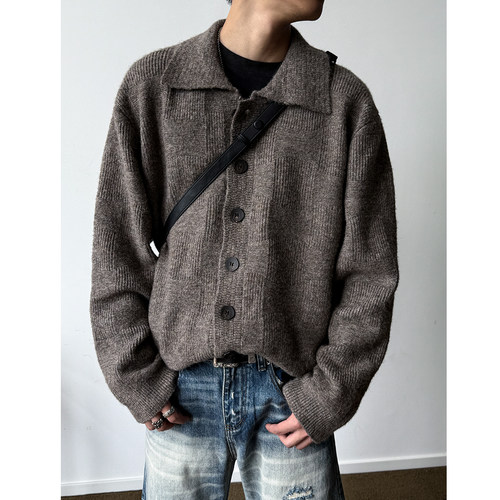 羊毛混纺一字方领毛衣男针织外套