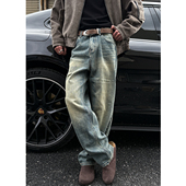 男vintage宽松直筒长裤 复古牛仔裤 重工水洗做旧泥染美式 MANCHER