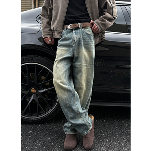 男vintage宽松直筒长裤 复古牛仔裤 重工水洗做旧泥染美式 MANCHER