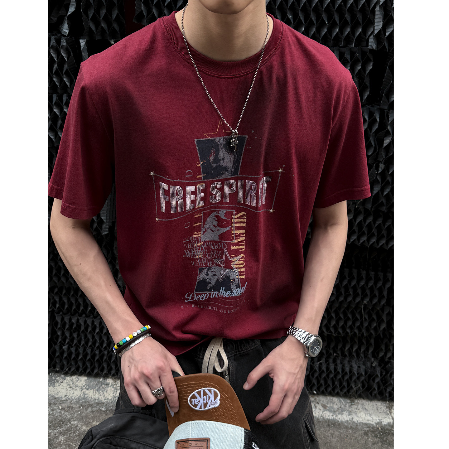 美式复古烫钻印花水洗短袖男