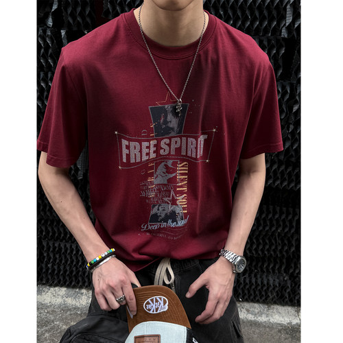 美式复古烫钻印花水洗短袖男