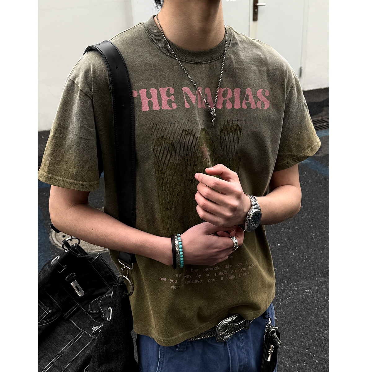 水洗做旧喷马骝短袖男印花T恤