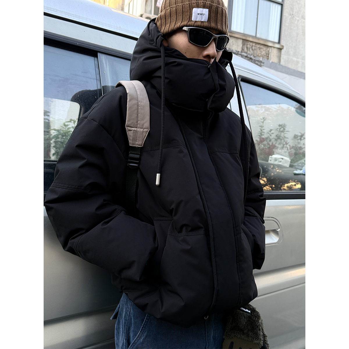 可拆卸户外防风领高充绒羽绒服