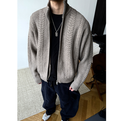 麦穗绞花950G拉链开衫毛衣男