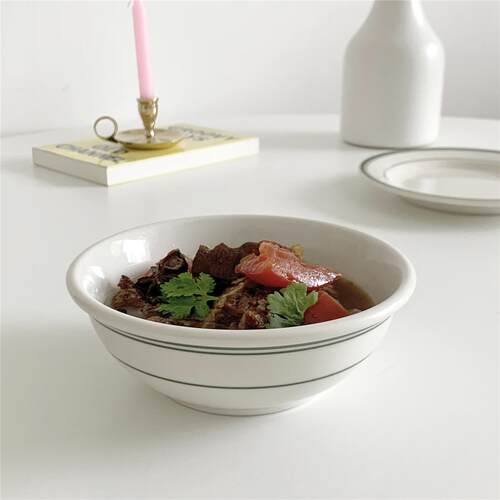 On the table - 绿线条系列釉下彩陶瓷汤碗 粥碗 早餐燕麦碗300ml