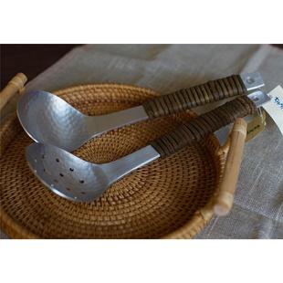 包邮日本制Aizawa相泽工房鎚目铝汤勺漏勺拉面汤匙调羹藤编隔热柄