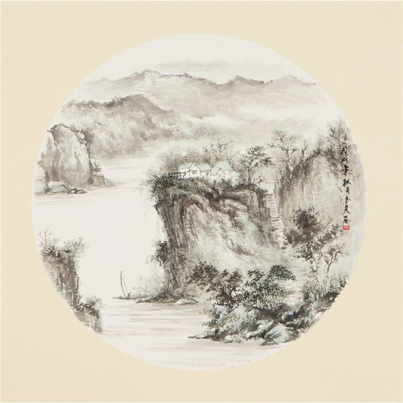 三尺斗方山水画国画纯手绘卡纸石玉夫字画客厅玄关水墨画00009