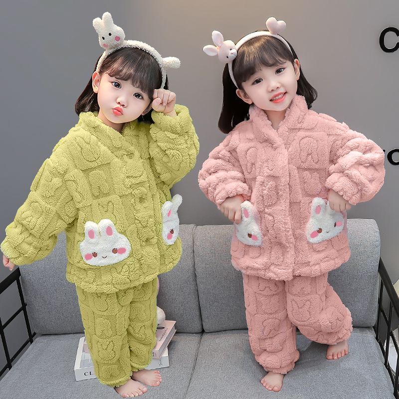 女童珊瑚绒睡衣冬季加绒加厚法兰绒保暖女宝宝卡通女孩家居服套装