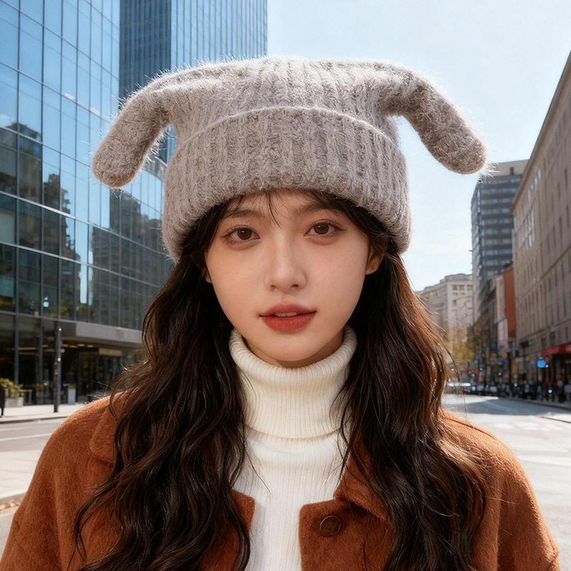 可爱搞怪毛线帽子女秋冬保暖护耳帽日系恶魔角手工针织冷帽套头帽