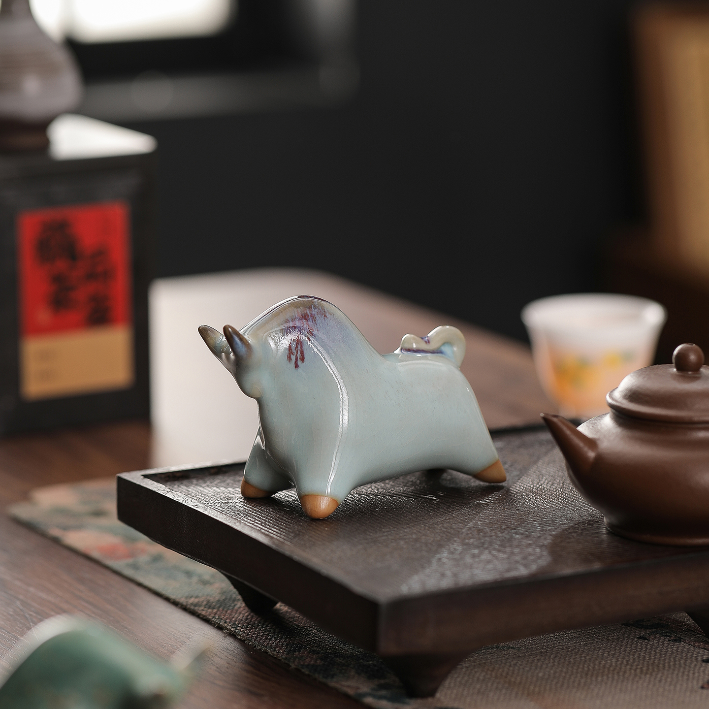 国风窑变柿业牛钧瓷摆件手工艺品茶宠玄关桌面创意家居装饰好物