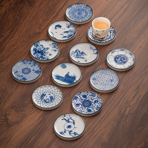 复古青花陶瓷杯垫功夫茶具茶杯隔热垫茶杯托茶托茶碟壶承茶道配件