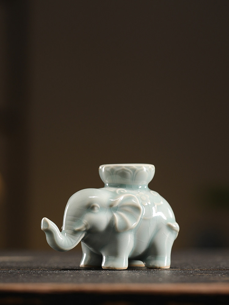 汝窑茶器盖置茶宠摆件陶瓷盖碗紫砂壶盖托精品可养茶配件小象盖置