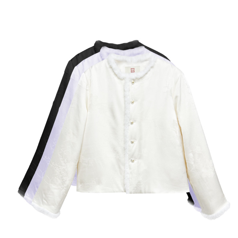 【橙庐】511606原创新中式蝴蝶连枝提花毛领夹毛棉服 秋冬女外套