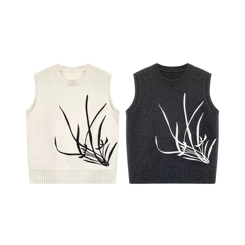 【橙庐】H1010原创兰花刺绣羊毛背心马夹 针织时尚休闲马甲宽松