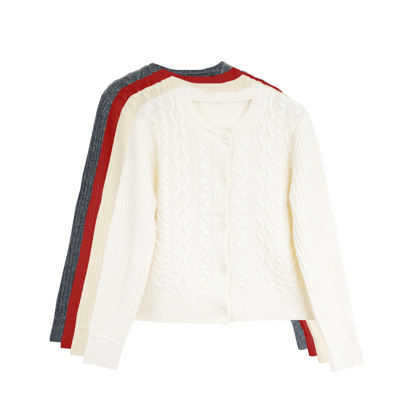 【橙庐】528303绵羊毛山羊绒圆领绞花针织开衫 秋冬女款优雅气质