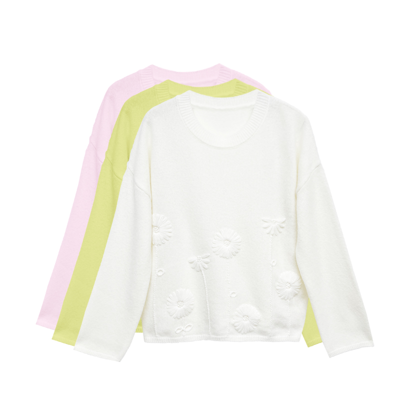 【橙庐】557087蒲公音钩花圆领落肩绵羊毛衫 春秋女甜美松弛优雅