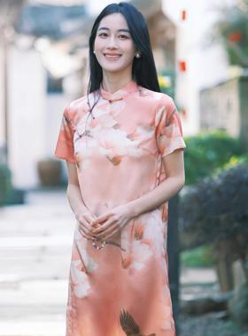 【橙庐】596000原创艺术家万芾联名新中式玉兰花弹力缎桑蚕丝旗袍