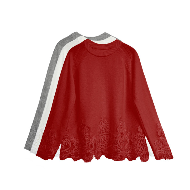 橙庐蕾丝拼接圆领插肩绵羊毛衫