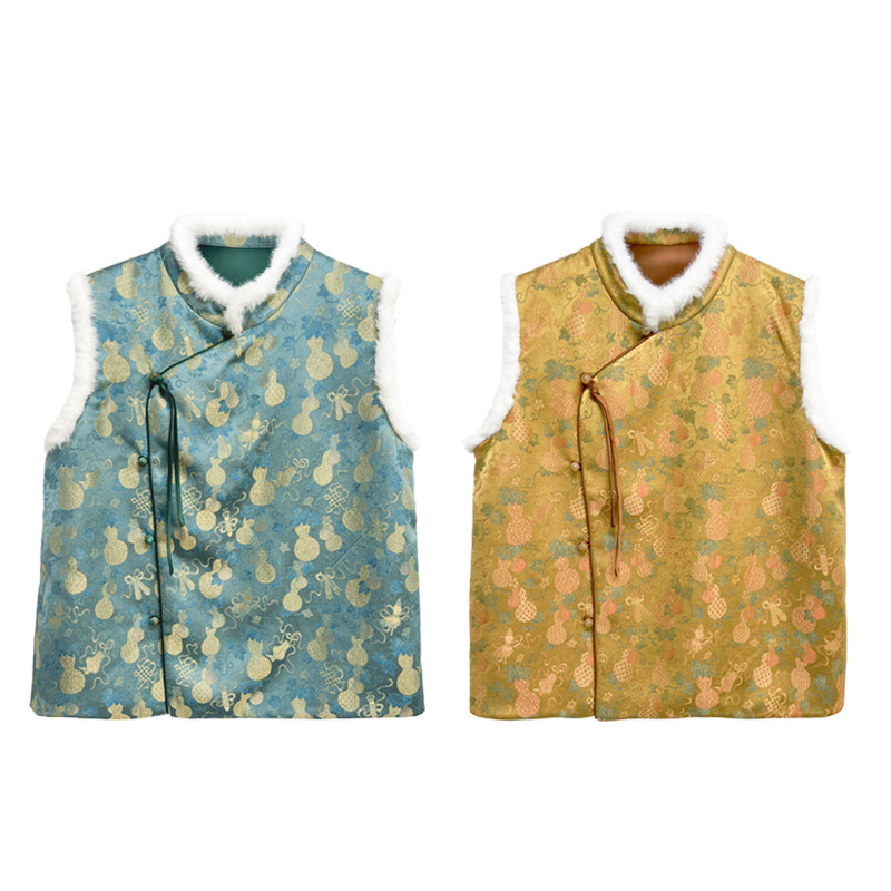 【橙庐】508803原创新中式葫芦提花斜襟夹毛马甲 秋冬女气质国风