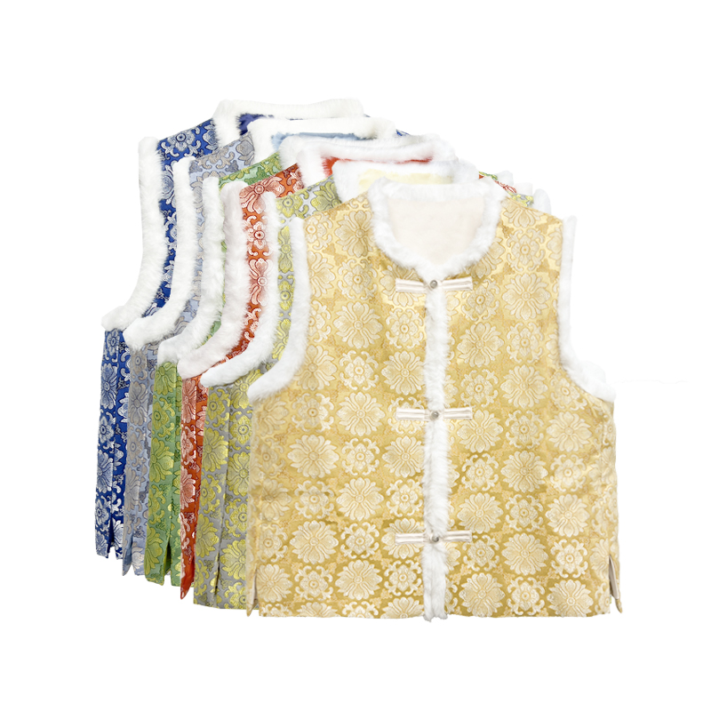 【橙庐】511701原创新中式莲纹宝相提花暖绒马甲 秋冬女款中国风