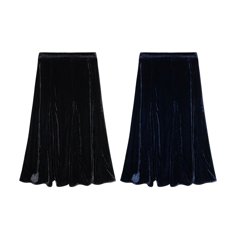 【橙庐】547000松紧腰桑蚕丝丝绒A字半裙 显瘦气质时尚复古休闲