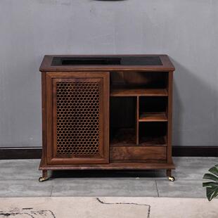 新中式可实木茶水柜黑胡桃木烧水柜简约茶边柜移动轻奢办公室茶车