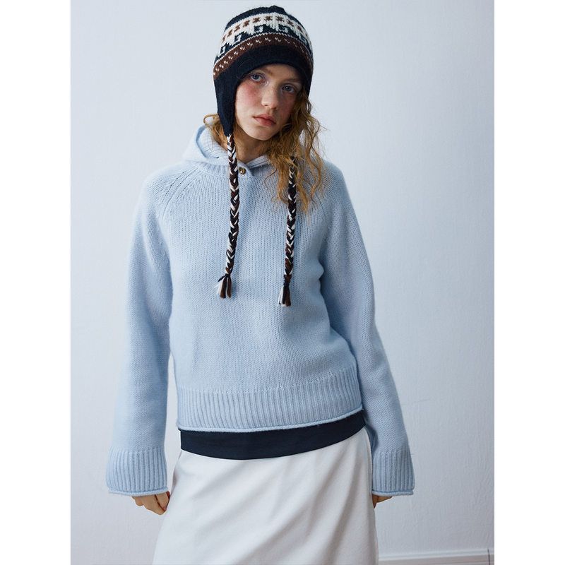 HELLO SEPTEMBER 冬季款休闲全羊毛纯色粗针百搭连帽毛织套头上衣