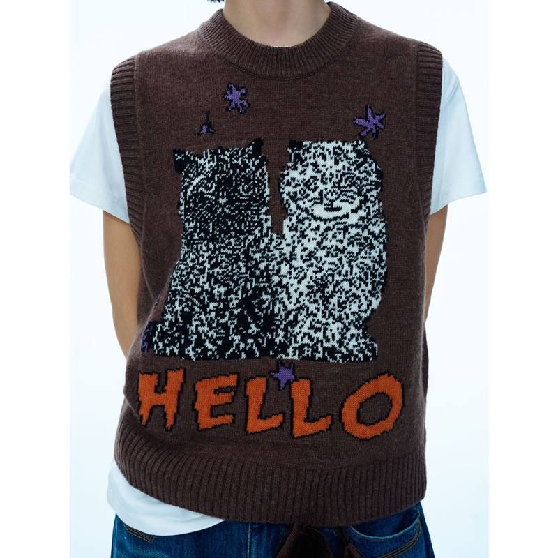 HELLO SEPTEMBERHELLO猫猫创意提花羊毛无袖圆领搭配保暖修身马甲