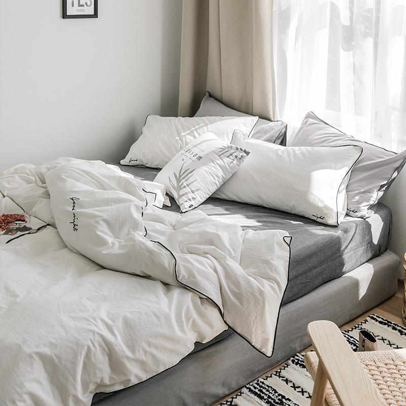 北欧全棉纯棉水洗棉四件套简约纯色双人1.5/1.8米床单被套三件套