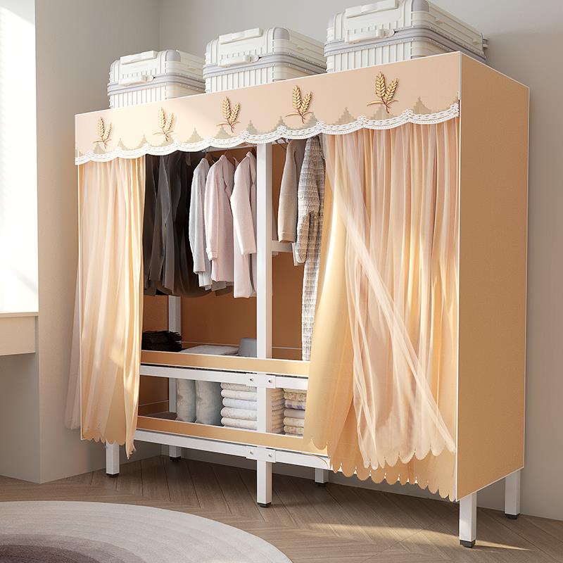 免安装衣柜家用卧室出租房用现代简约布衣柜折叠钢架纱帘简易衣橱