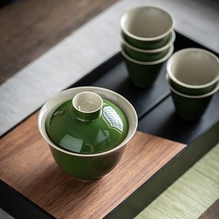 祖x母绿功夫茶具陶瓷泡茶碗防烫家用茶碗 草木灰仿古盖碗