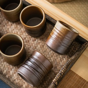 茶杯茶盏手工螺纹主人杯陶瓷杯 复古粗陶品茗杯功l夫茶具茶室中式