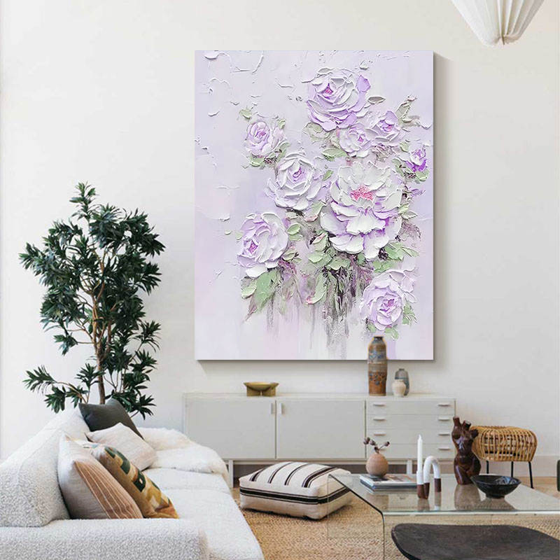 紫色抽象牡丹花卉纯手绘油画奶油风丙烯厚肌理客厅装饰画玄关挂画图片