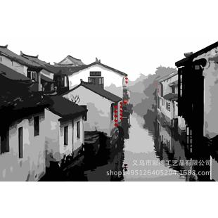 diy数字油画手绘客厅餐厅花卉风景装 饰画 水墨古镇