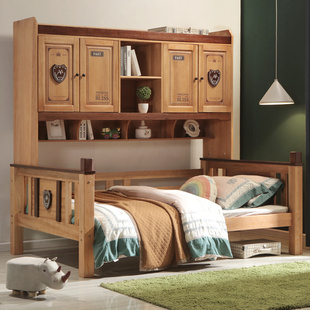 柜子床书架床儿童床书柜一体床 胡桃木衣柜床木蜡油实木顶柜床美式